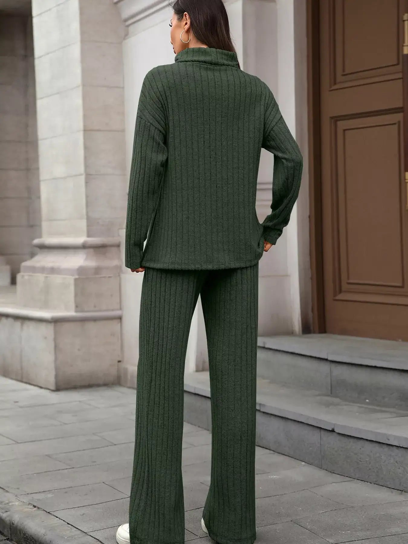 Ribbed Turtleneck Dropped Shoulder Top and Pants Sweater Set - Bela Fils BoutiqueBela Fils Boutique